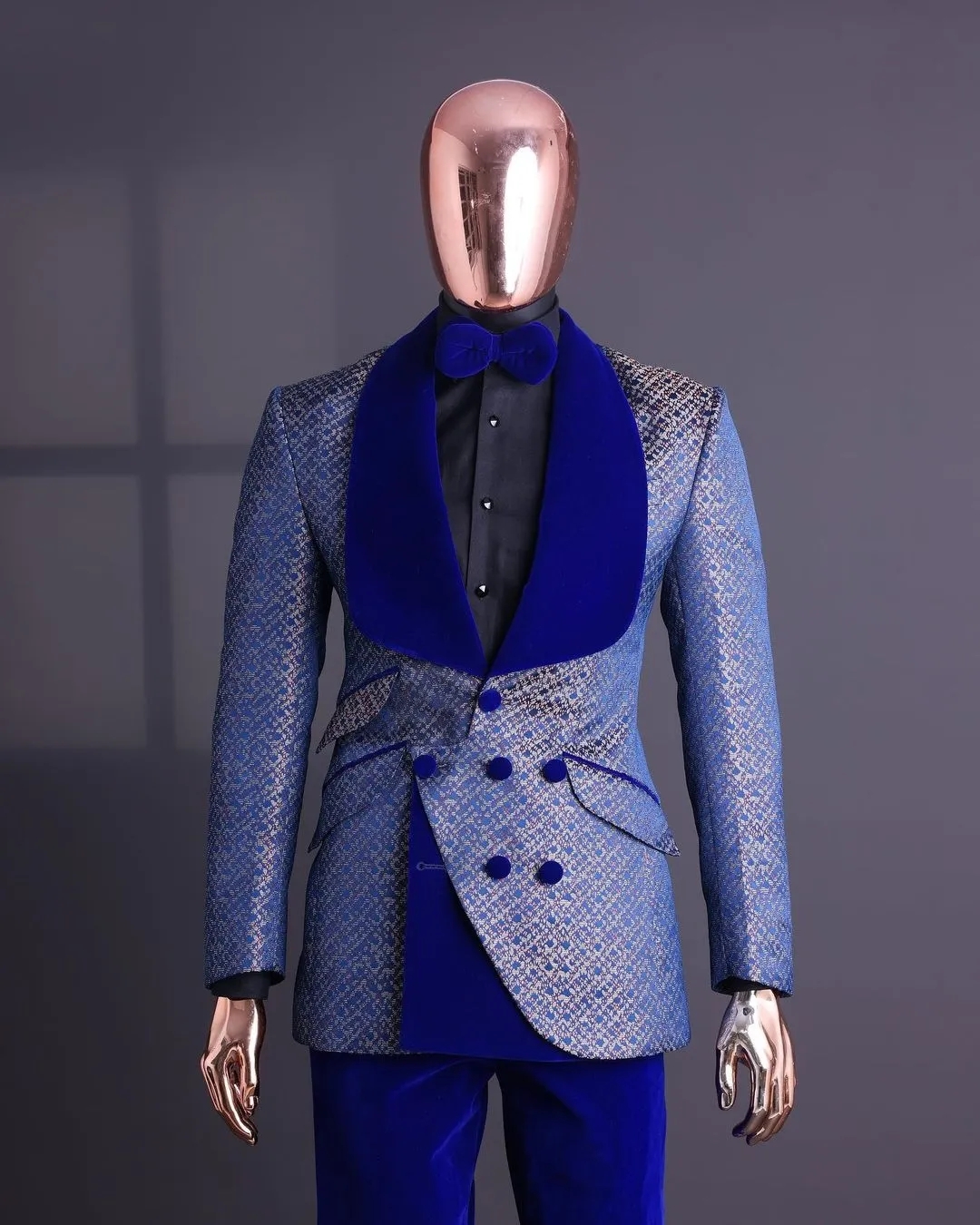 Floral Jacquard Tuxedos For Men Wedding Slim Fit Royal Blue Velvet Shawl Lapel Double Breasted Jacket 2 Pieces Male Costume
