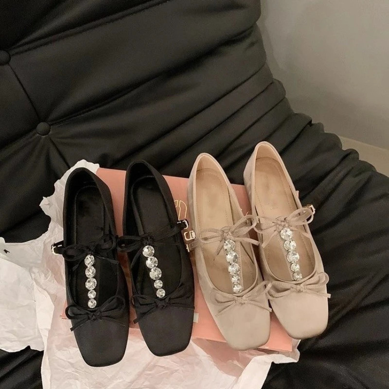 Square Head Shallow Mouth Satin Beautiful Temperament Fairy Night Wind Soft Flat Rhinestone Non-slip Breathable Womens Shoes 240703