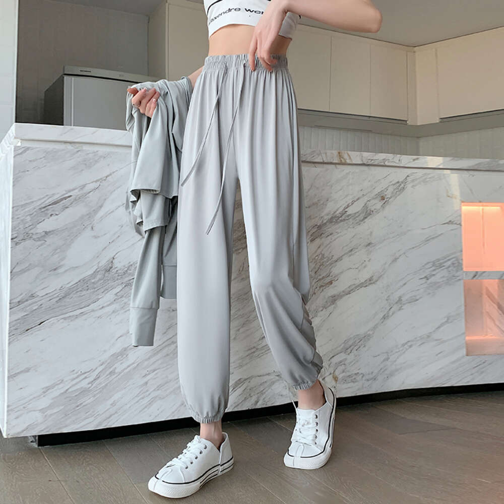 Spring/Summer Thin Ice Silk Sports Women's Pink Short Nine Point Tie Feet Quick Drying Slimming Casual Lantern Sunscreen Pants H7.4#22.54