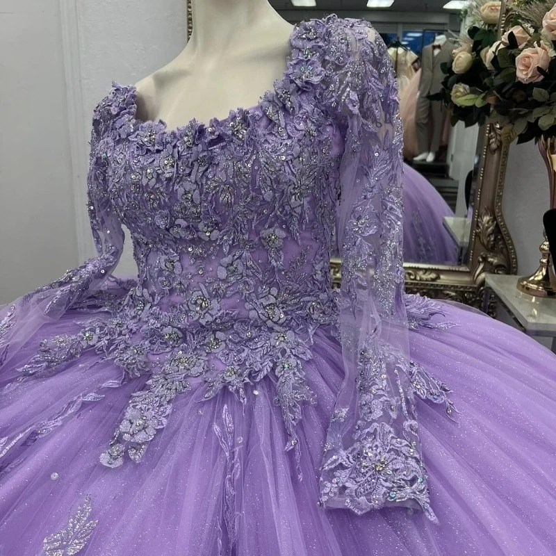 Lavender Scoop Quinceanera Dress Sweet Beading Appliques Lace 16 Year Old Girl Long Sleeved Princess Birthday Party Ball Dress