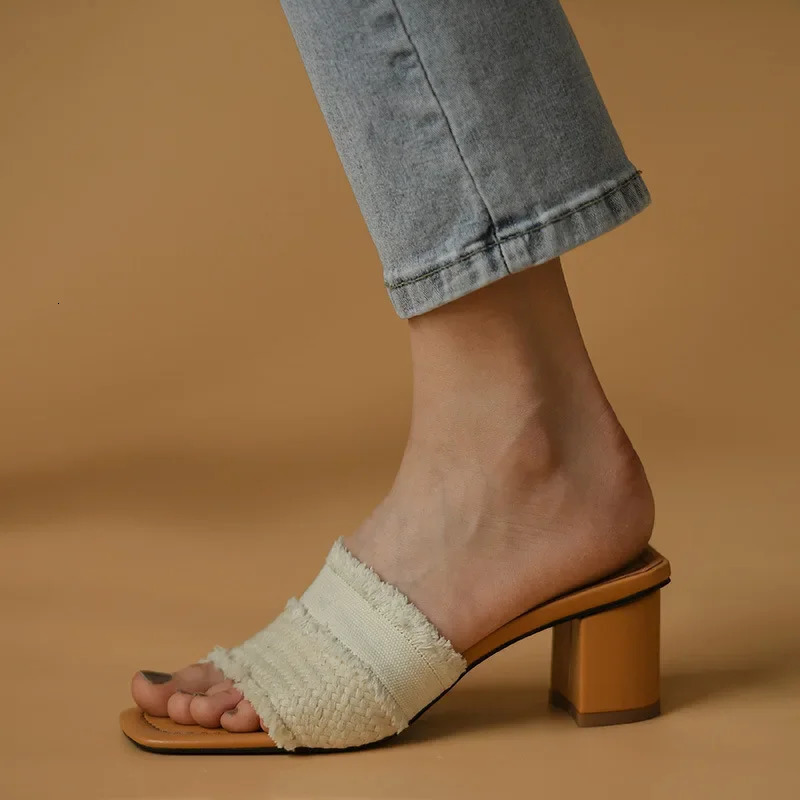 Women Open Toe High Heel Slippers Retro Chunky Heel Platform Slides Summer Breathe Comfort Sandals zapatillas 240704