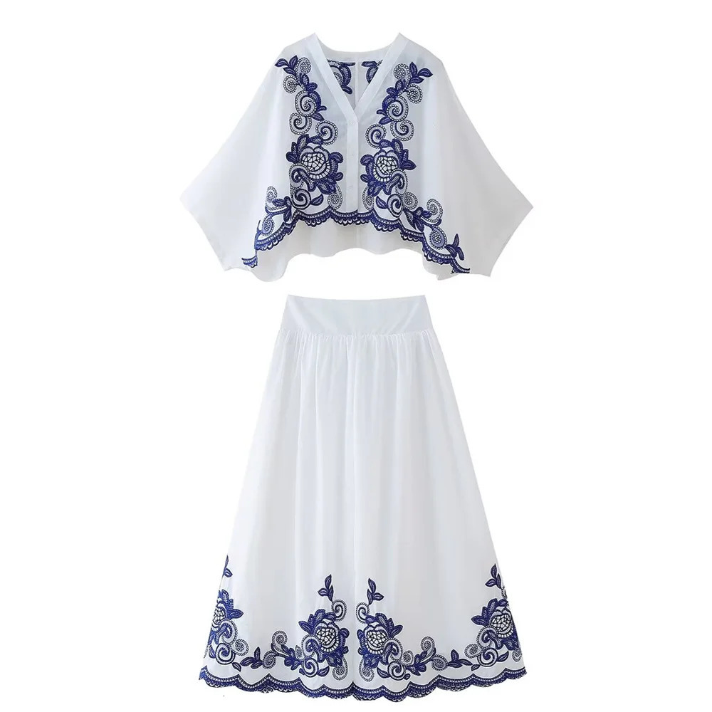 PB ZA Summer Product Womens Wear European and American Style Contrast Embroidered Shirt Half Skirt Set 240704