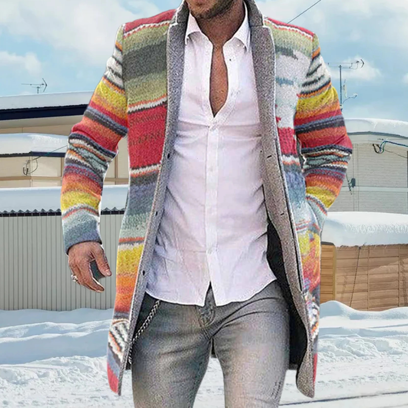 Men Autumn Winter Open Front Trench Coat Vintage Long Sleeve Rainbow Stripes Casual Overcoat Plus Size 4XL Windbreaker NICE 240701