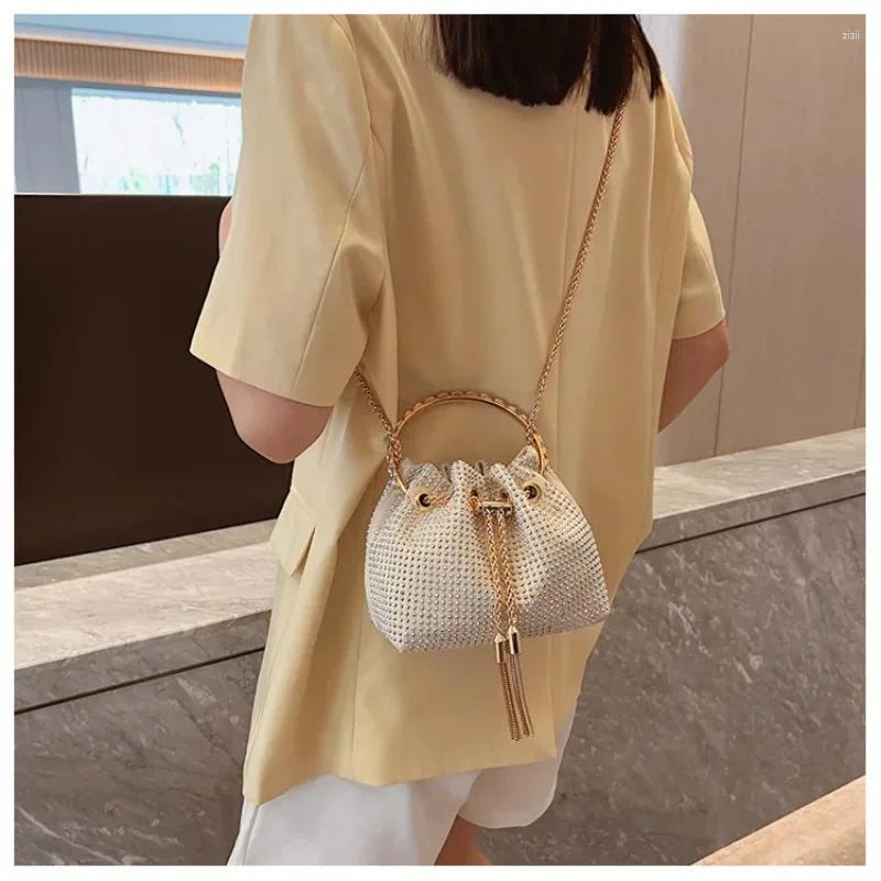 Shoulder Bags Women's Handbags Candy Color Bucket Bag Round Handle Drawstring Crossbody For Women Rhinestone Evening Bolsa