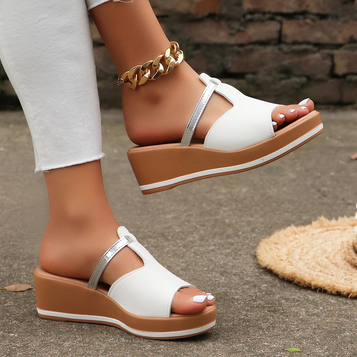 Open Toe Womens Wedge Sandals White Summer Fashion Breathable Comfortable Sandals Woman Buckle Female Footwear Woman Shoes 240704