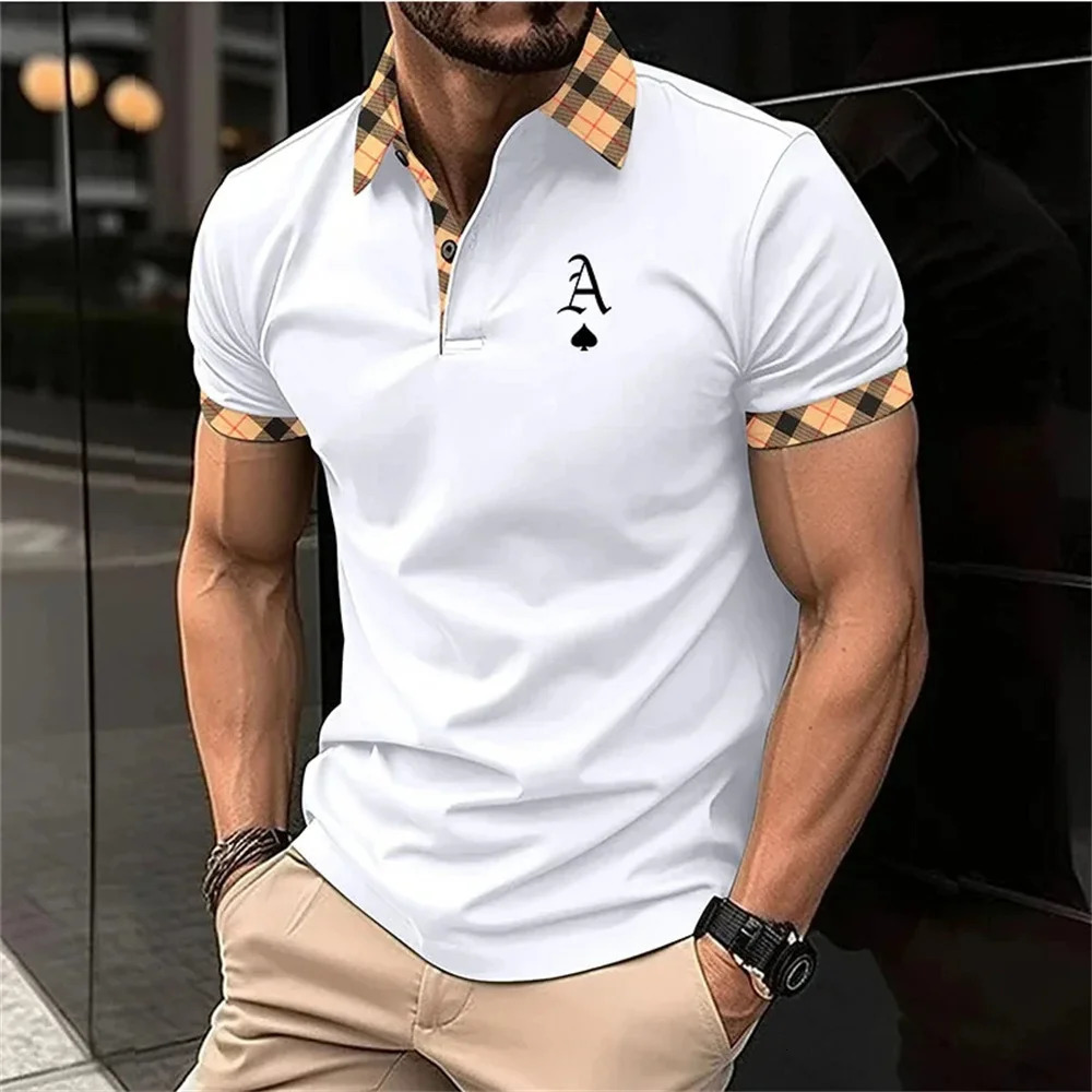 Summer Men Short Sleeved Polo Shirt Fashion Splice Stripe Printing TShirt Mens Breathable Party Clothing Tops 240702