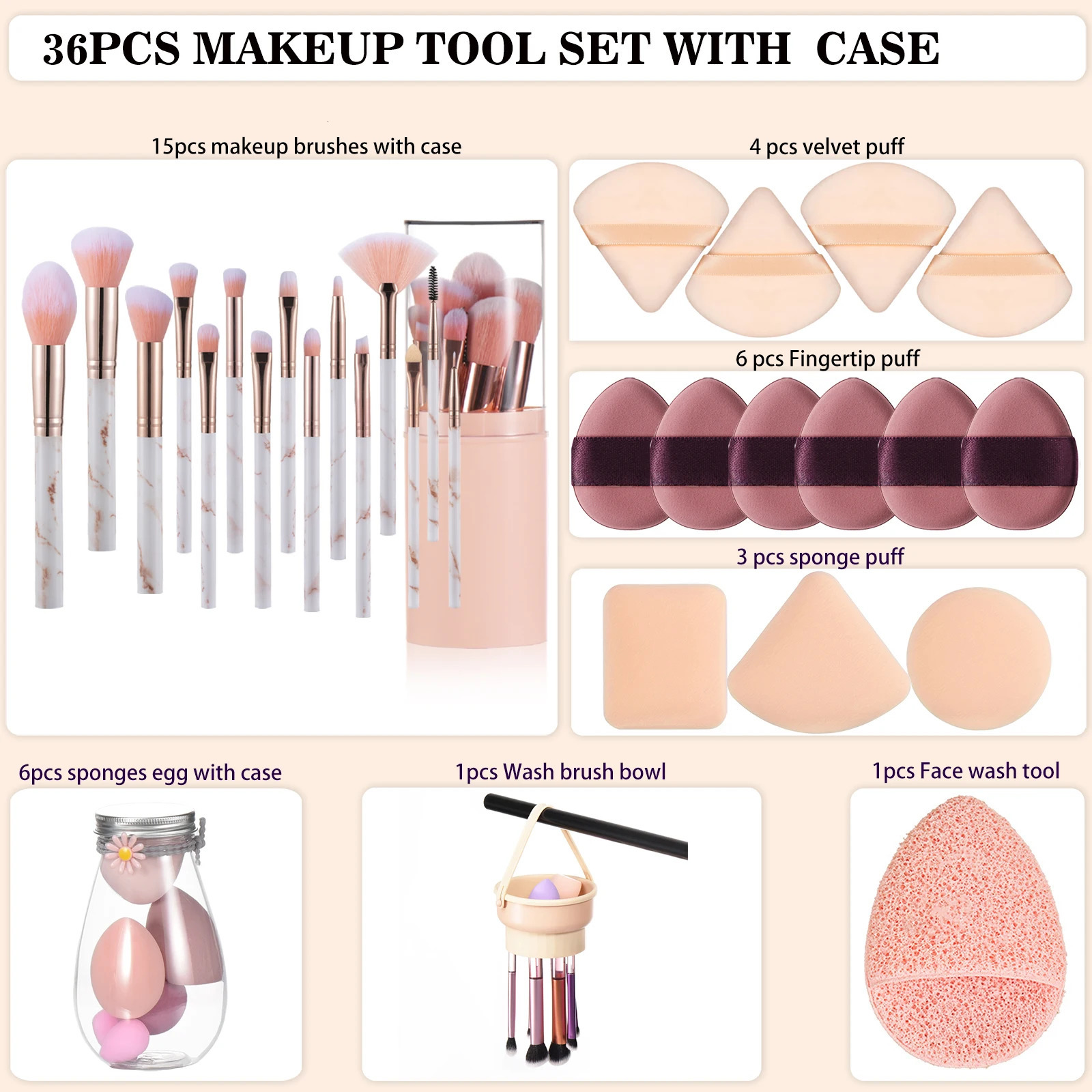 36Pcs Makeup Tools Set Includes 15pcs Marble Handle Makeup BrushesSuitable For Beginners Cost-effective Makeup Tool Set 240704