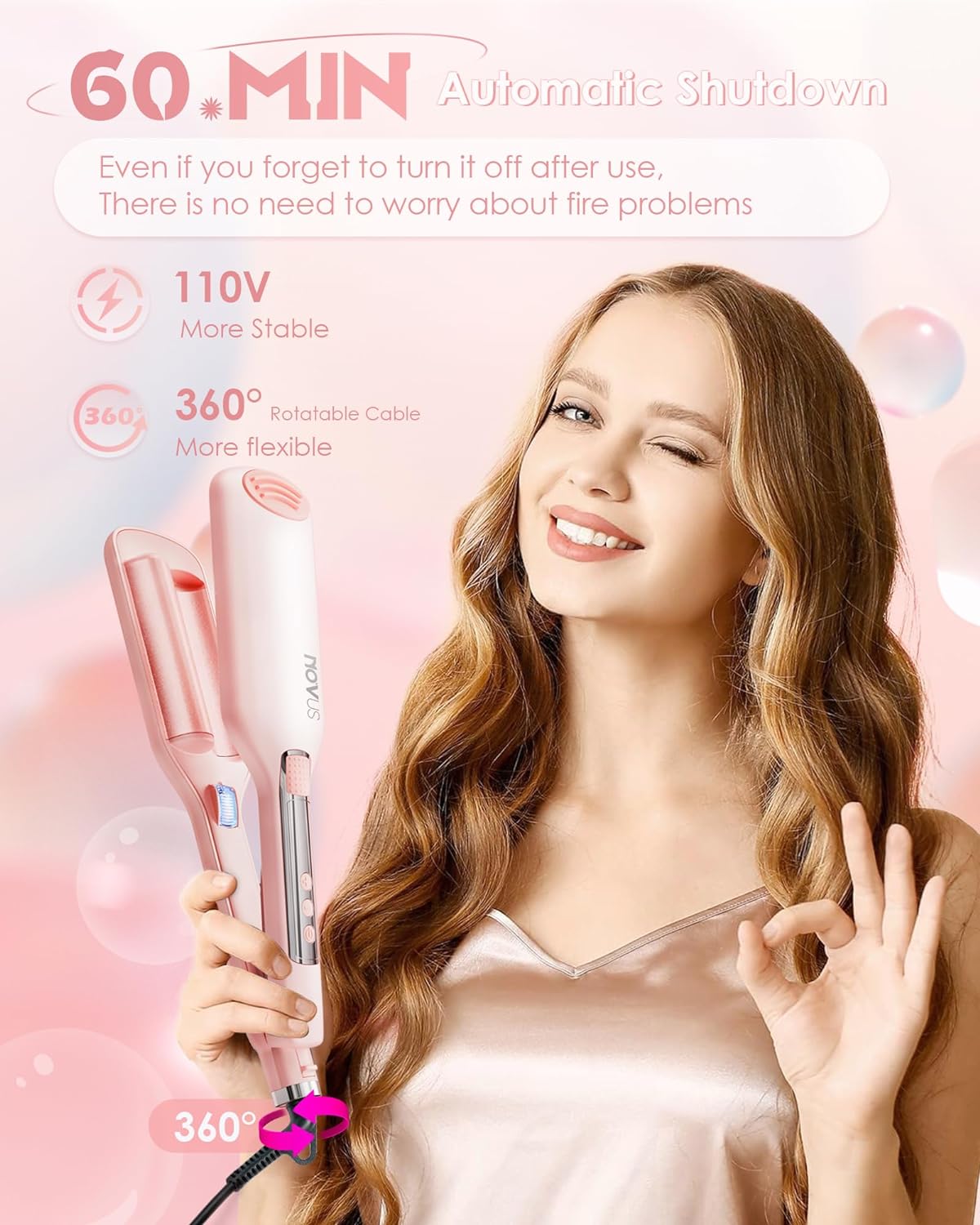 Rovy Wave Curling Iron, Anti-Scald Hair Crimper | 2 Barrel Ionic Hair Curler for Women | 1.1in/28MM Rapid Heating Wand | Ceramic Hair Waver for Wide D