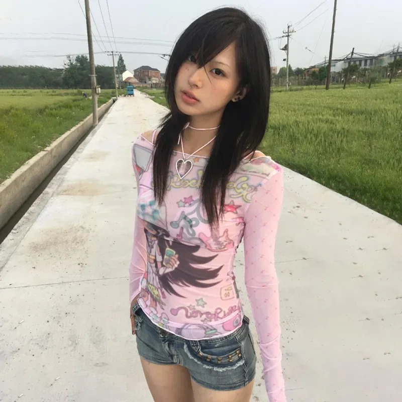 2000s Anime Pattern See-through Long-sleeved T-shirt Kawaii Clothes Japanese Y2k Long-sleeved T-shirt Harajuku Retro T-shirt 240701