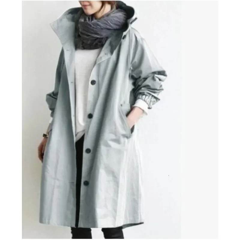 Autumn Trench Coat Women Solid Color Loose Cardigan Large Coat Women Long Sleeve Pocket Single Breasted Turn-down Collar Trench 240703