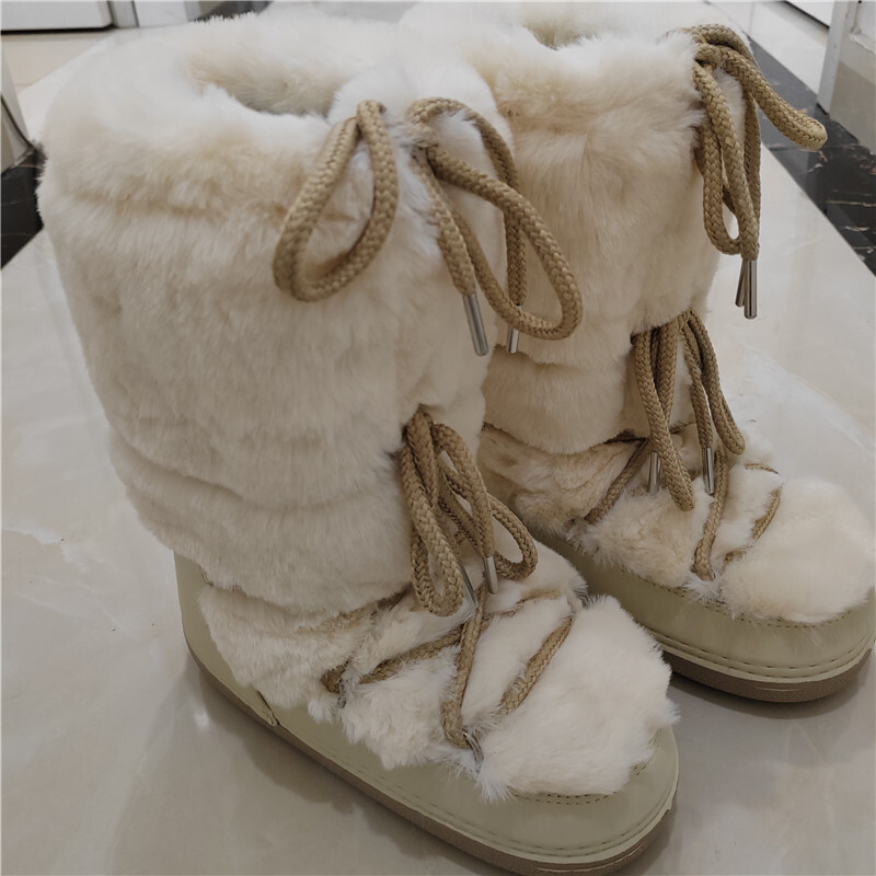 2024 Winter Long Women Rabbit Snow Brand Platform Lace-Up Fluffy Furry Fur Ski Female Warm Cotton Boots