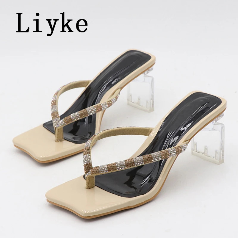 Liyke Size 36-42 Strange Style Transparent Heels Slippers Crystal Rhie Summer Sandals Sliders Shoes Women Flip ps New Pumps 240704