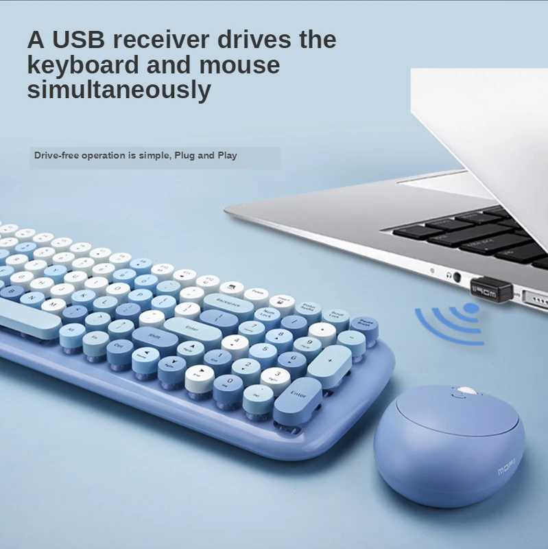 Keyboard Mouse Combos Cute Candy Color 2.4G Wireless Keyboard Mouse Combos USB Round Punk Keyboard and Optical Mouse Set kit For PC Laptop Gift Box