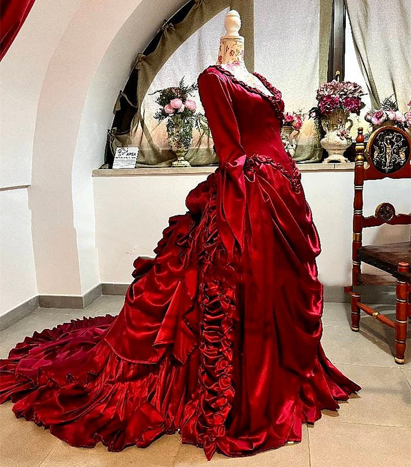 Vintage Victorian Ruched Evening Dresses V-neck 3/4Long Sleeves Masquerade Dress For Women 2024 Dark Red Prom Special Ocn Gown