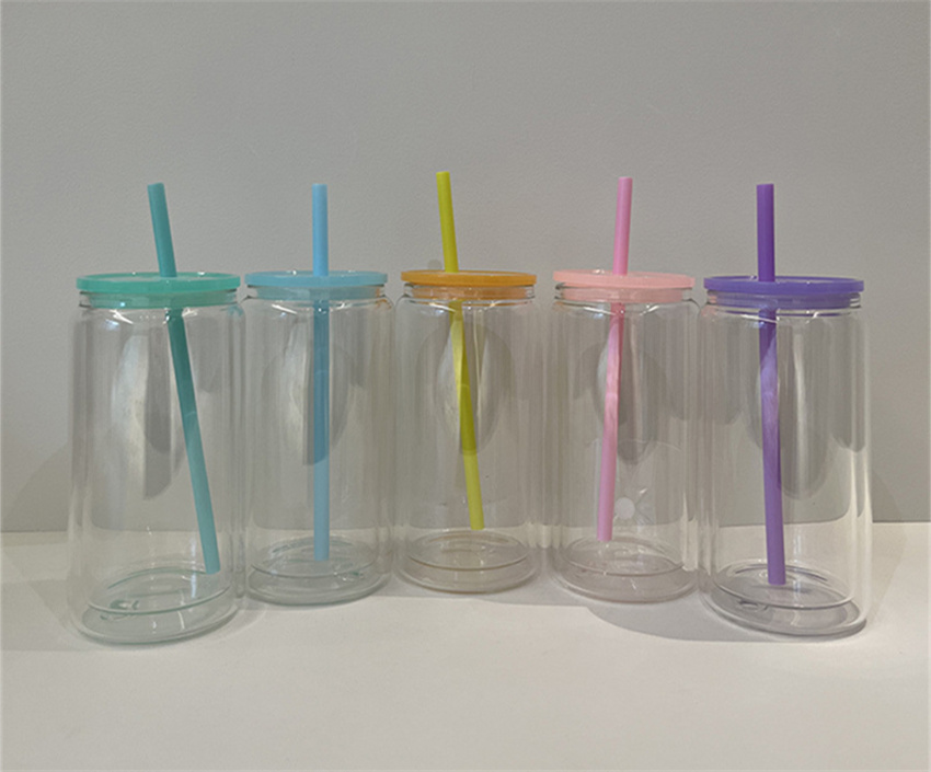 16oz double walled snow globe glass tumblers with bamboo lid short sublimation can cooler glasses cola beer cans fill glitter blingbling