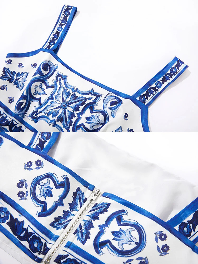 JAMERARY Summer Runway Blue And White Porcelain Two Piece Set Women Flower Print Short Crop Top Holiday Beach Maxi Skirt Suits 240703