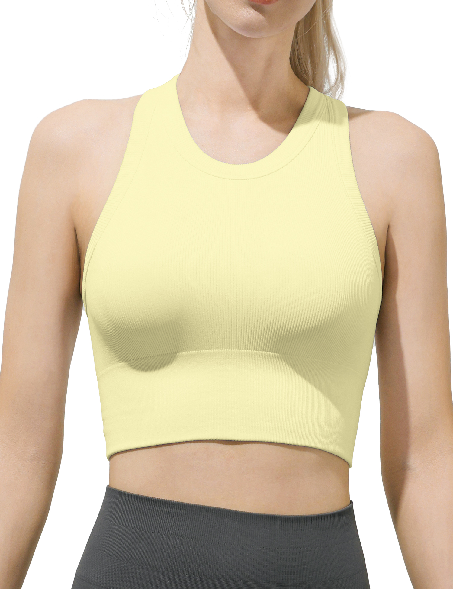 AMRIY Women's Seamless Ribbed High Neck Sports Bra - Removable Padded Yoga Tank Tops Fitness Workout Running Crop Tops B-S002