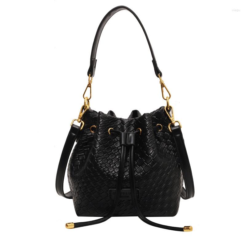 Drawstring Woven Bucket Bag For Women 2024 Autumn And Winter Single Shoulder Crossbody French Niche Design Handbag