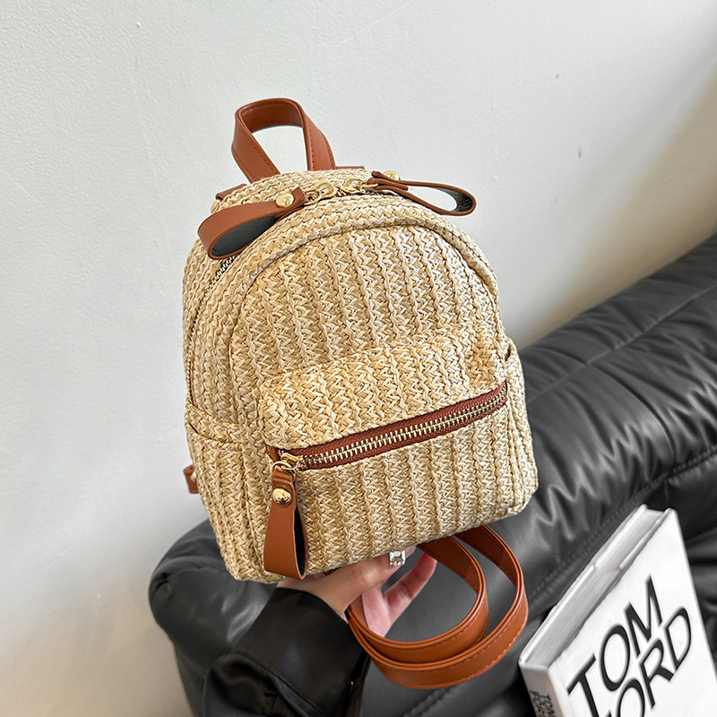 Casual Straw Braid Solid Backpack Large Capacity High Quality Simple Shoulder and Crossbody Bag for Women 2024 Fashion Versatile H7.5#36 40406
