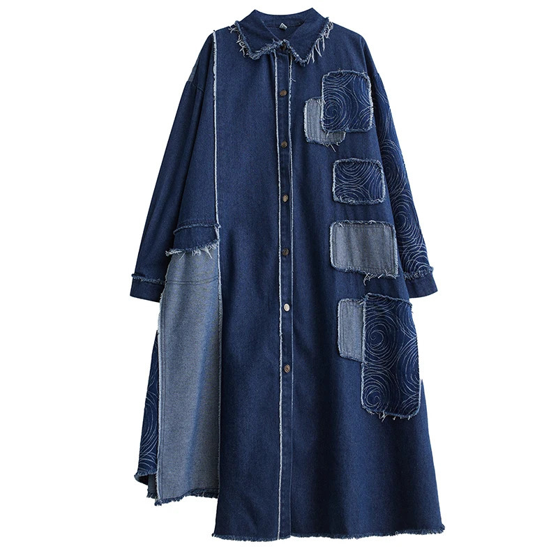 #2176 Black Blue Trench Coat Women Split Joint Denim Windbreaker Ladies Loose Retro A-E X-Long Overcoat Female Spring 240704