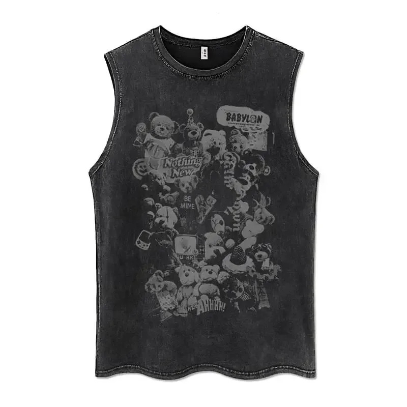 Summer Men Washed Vest Vintage T Shirt Gothic Tshirts Streetwear Punk T Shirts Unisex Sleeveless Vest Top Y2k Short Sleeve Shirt 240703