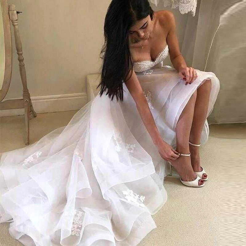 Lace Simple Applique Summer Beach Wedding Dresses Sweetheart Backless Hi Lo Bridal Gowns Bc