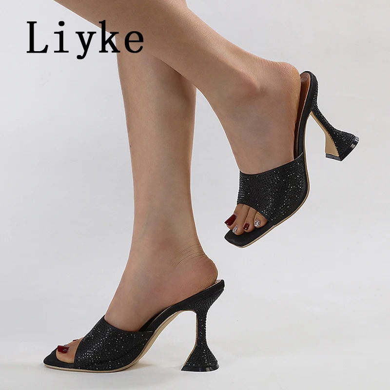 Liyke New Fashion Square Toe 9.5Cm Strange High Heels Slippers Women Crystal Rhie Satin Summer Quality Sandals Shoes Mules Slides 240704