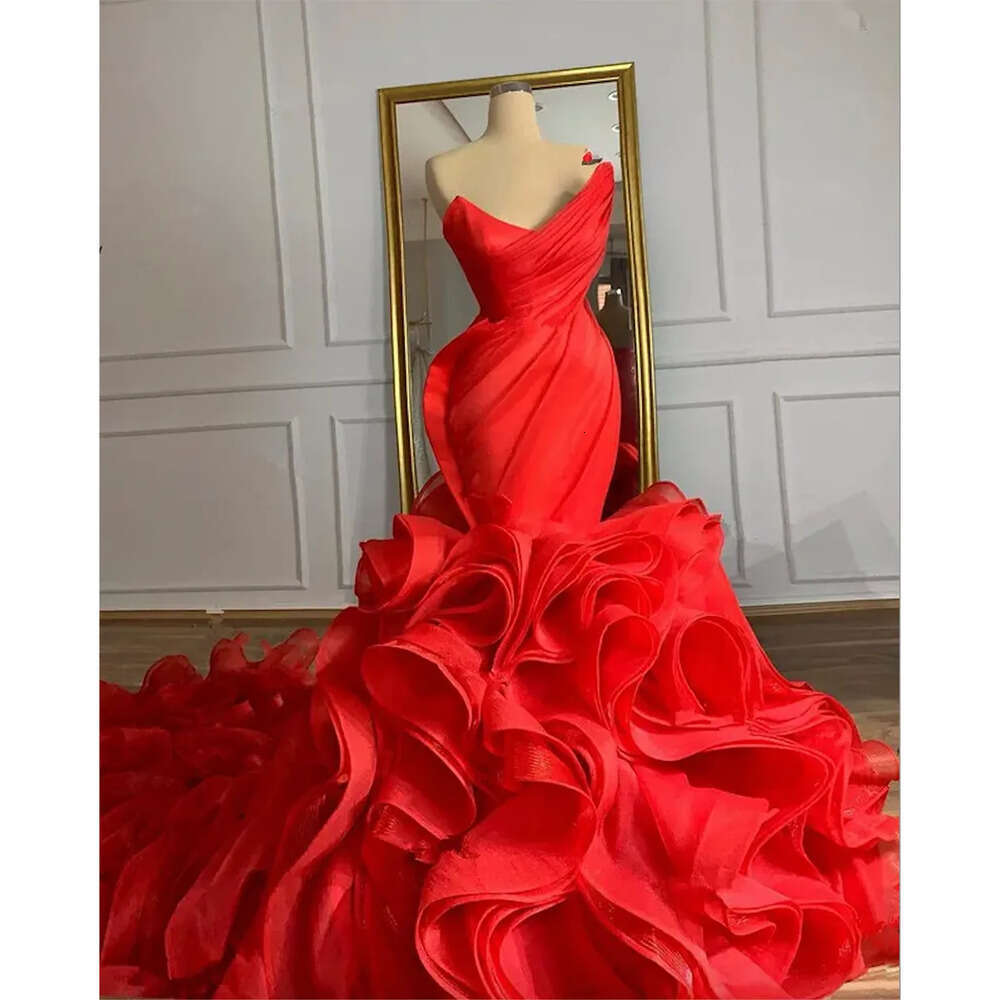Image Mermaid Red Wedding Dresses Real Black Gothic Lace-Up Corset Back Cascading Ruffles Train Organza Princess Bridal Gowns