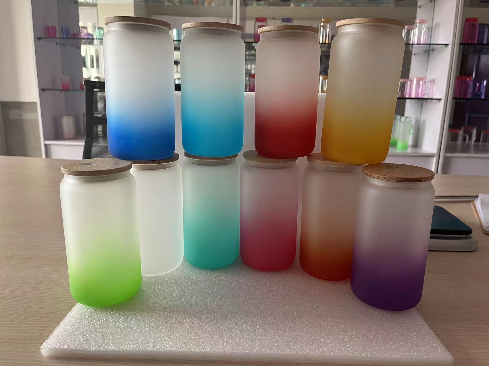 16oz Sublimation Gradient Glass tumbler blank Frosted Glasses Bottle Mason jar Cola can tumblers with bamboo lid 5 colors