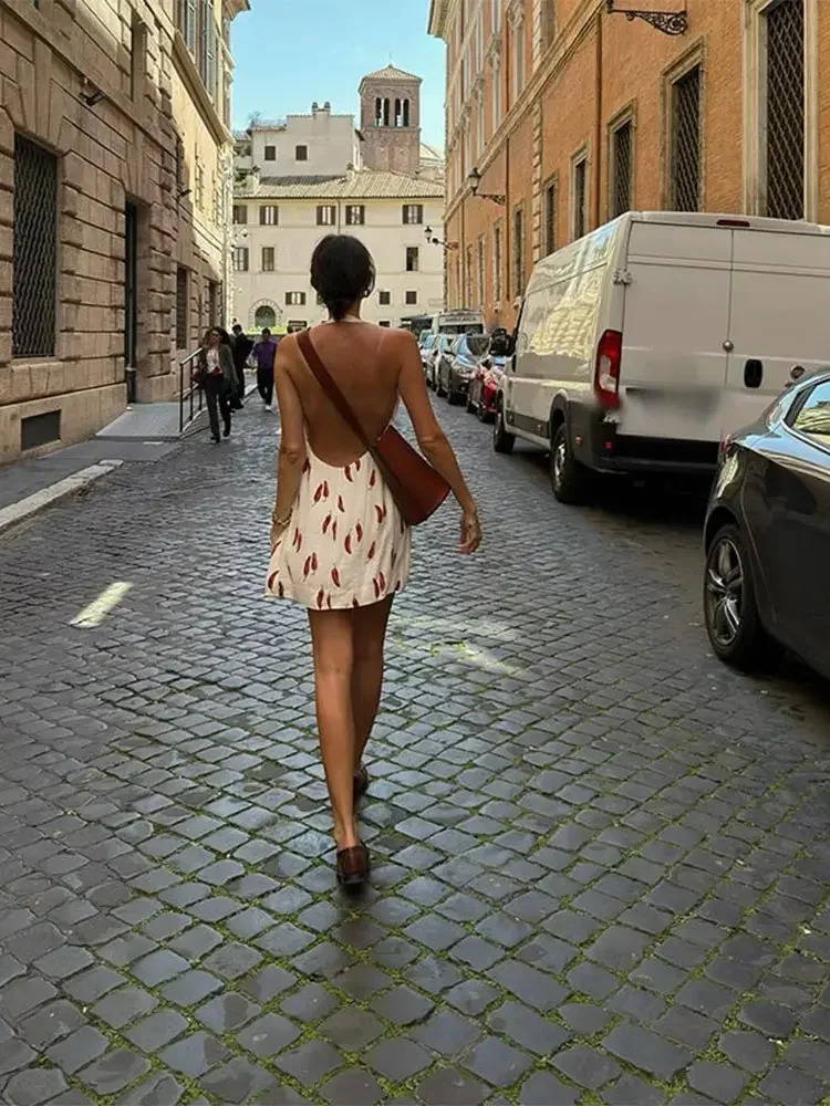 Holiday Printed Backless Halter Mini Dresses Women Sexy Off Shoulder Sleeveless Summer Lady Vacation Beach Vestidos 240628