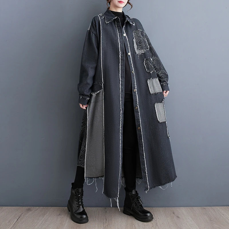 #2176 Black Blue Trench Coat Women Split Joint Denim Windbreaker Ladies Loose Retro A-E X-Long Overcoat Female Spring 240704