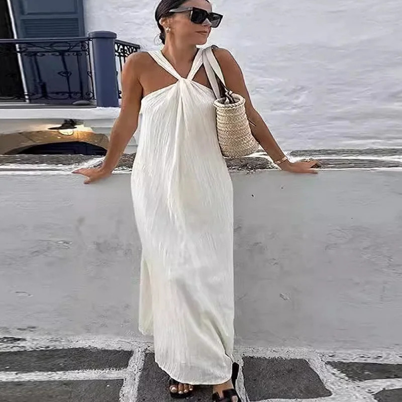Elegant and Beautiful Womens Dress Causal Communte Sexy Solid Hanging Neck Knot Strap Maxi Dresses Summer Lady Vacation Robe 240628
