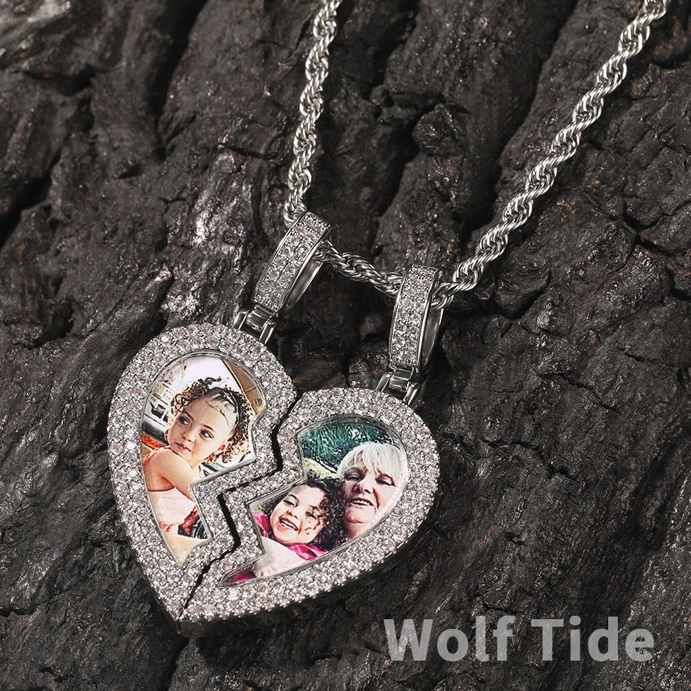Custom Photo Love Heart Pendant Necklace Bling Cubic Zirconia Hip Hop 18K Gold Plated Personalized DIY Picture Wolf Tide Jewelry Bijoux Gifts for Coup