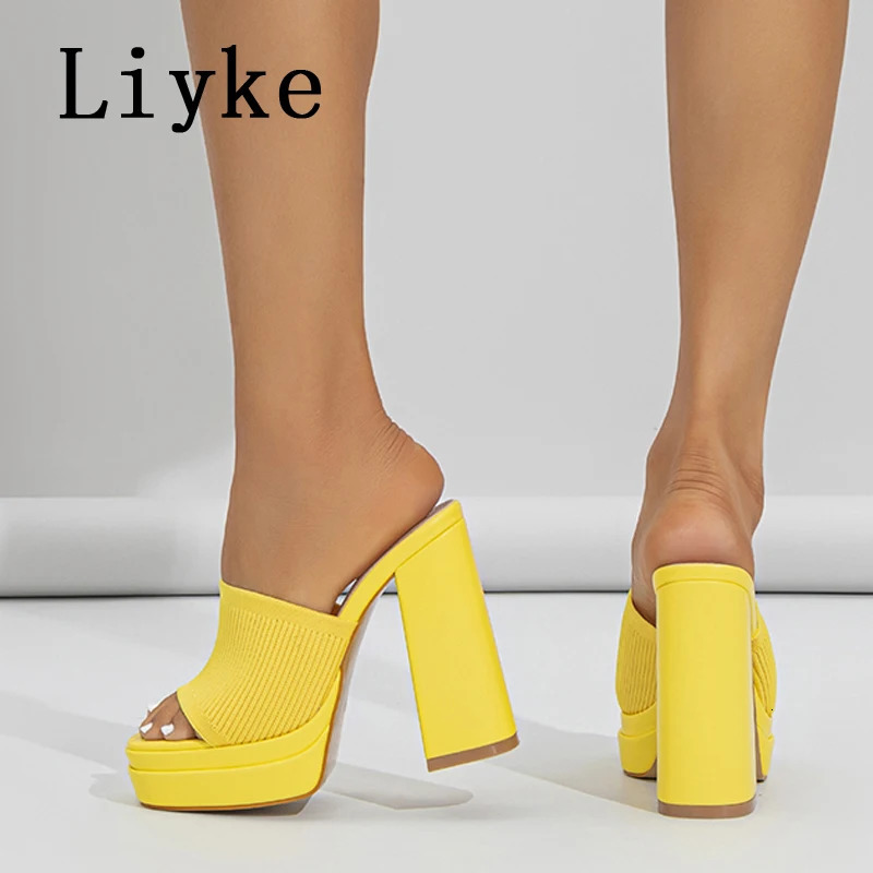 Liyke Fashion Yellow Blue Stretch Fabric Women Thick New Heel Slippers Summer Peep Quality Toe Chunky Platform Shoes Slides Sandal Female 240704