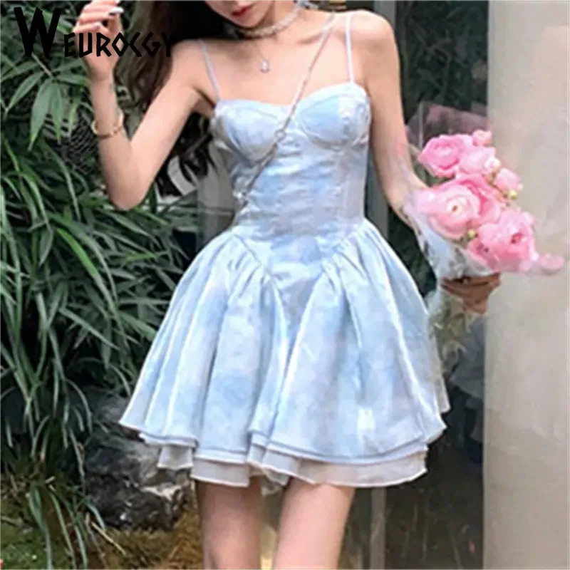 Women Dress Summer Korean Edition Style Retro Sexy Slim Vintage Chiffon Sling Breast Wipe Backless Square Collar 240628
