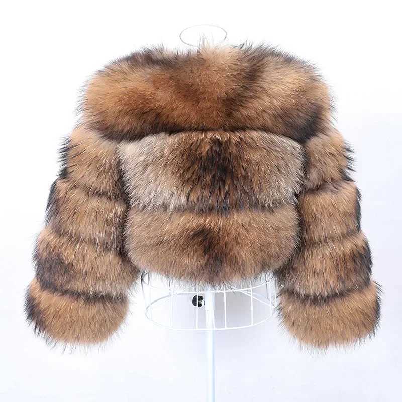 2025 Women's Faux Real Fur Coat Womens Natural Raccoon Jacket Winter Warm High-Quality Long Style With A Hat H240705
