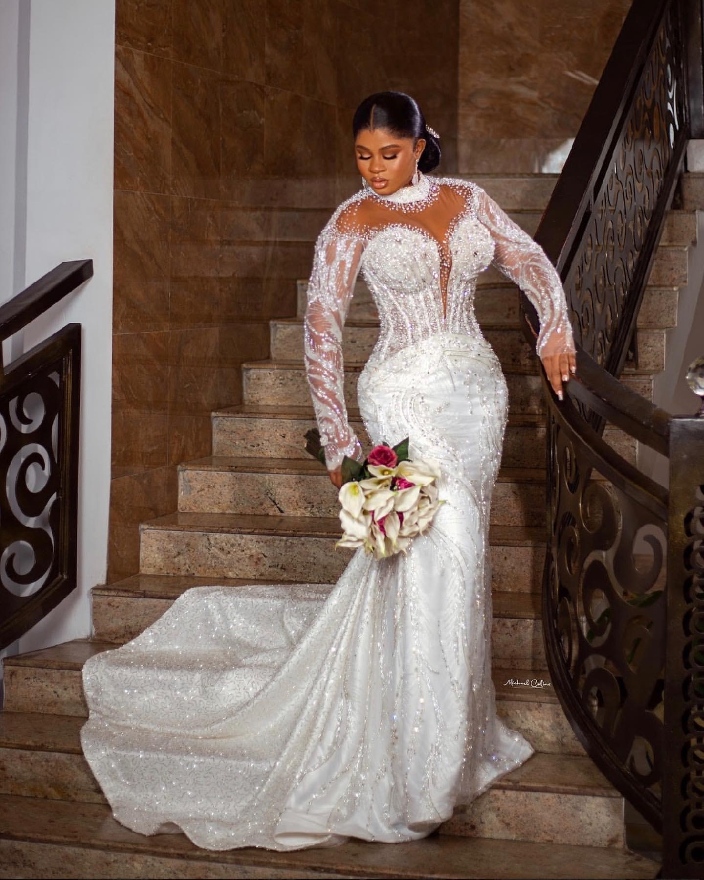 Aso Arabic Ebi Plus Size Ivory Mermaid Wedding Dresses Beaded Crystals Sequined Lace Bridal Gowns Dress Zj