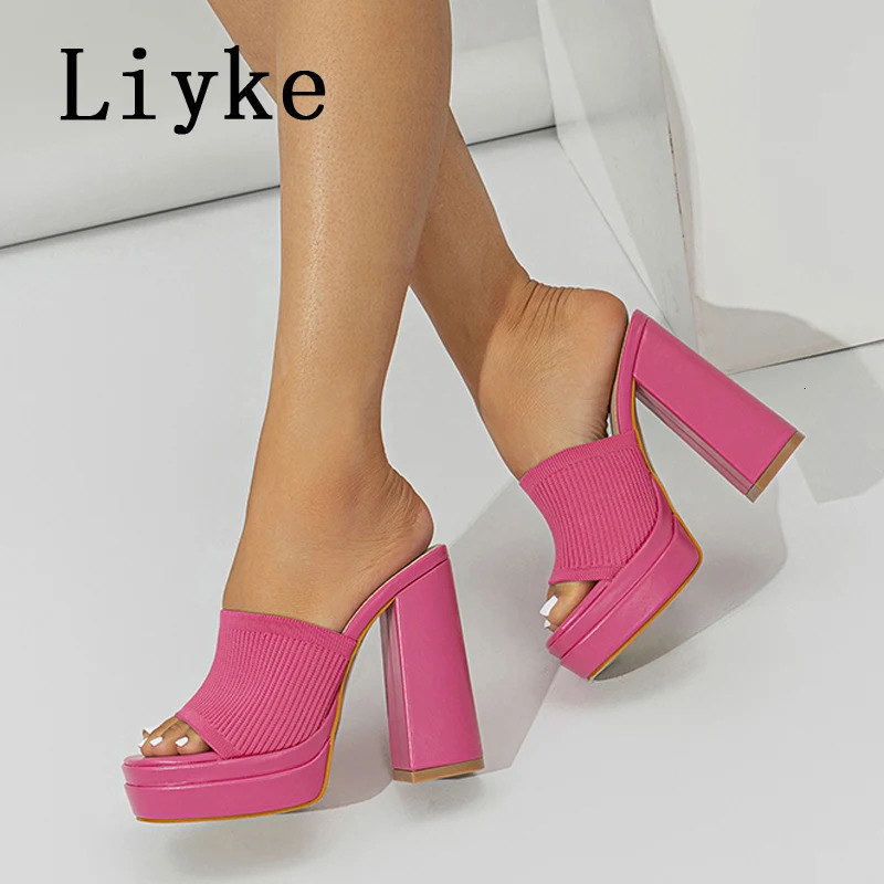 Liyke Fashion Yellow Blue Stretch Fabric Women Thick New Heel Slippers Summer Peep Quality Toe Chunky Platform Shoes Slides Sandal Female 240704