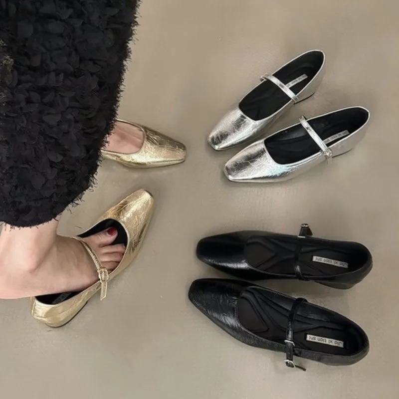 Womens Ballet Flats Pointed Toe Mary Janes Shoes Silver Low Heels Dress Shoes Woman Flats Black Gold Zapatos Mujer Spring 1790N 240705
