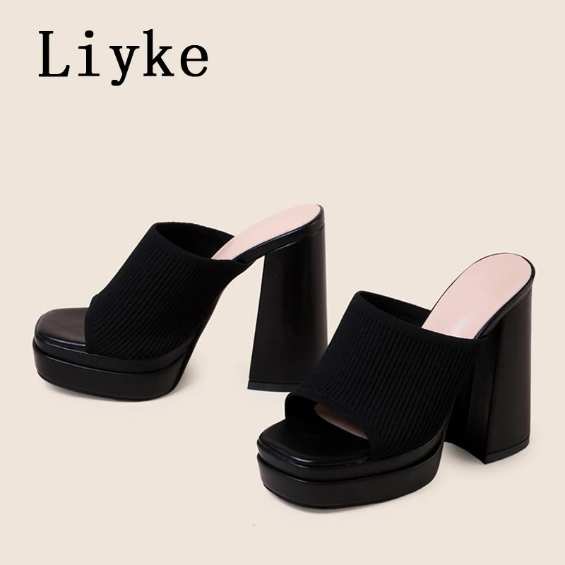 Liyke Fashion Yellow Blue Stretch Fabric Women Thick New Heel Slippers Summer Peep Quality Toe Chunky Platform Shoes Slides Sandal Female 240704