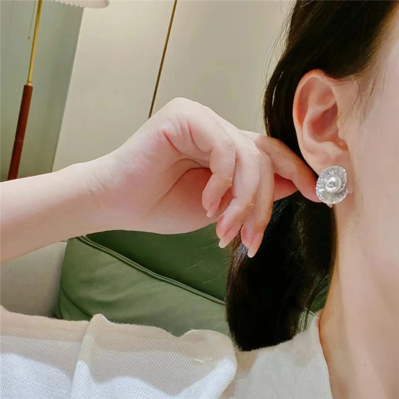 Sterg Sier Pearl & CZ Dia Stud Earrings Handmade Jewelry | Gorgeous Scallop Sweet Cute Earring Gift for Women 64ef