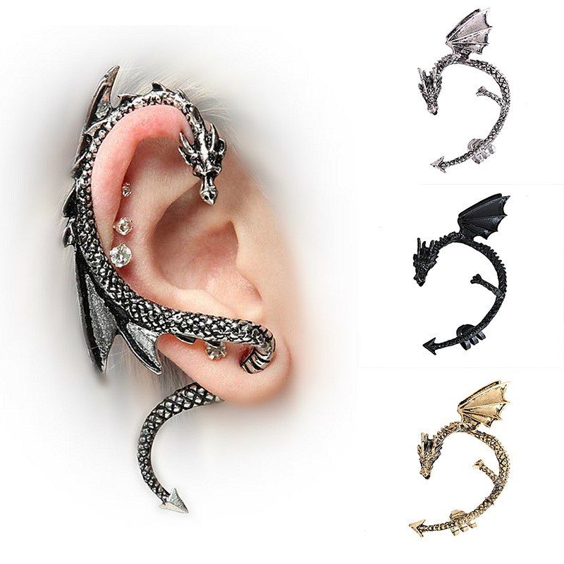 Punk Retro Copper Dragon Ear Cuff Clasp for Men Women Vintage Silver Gothic Ear Clip Earrings European Popular Wrap Earring Jewelry Wholesale