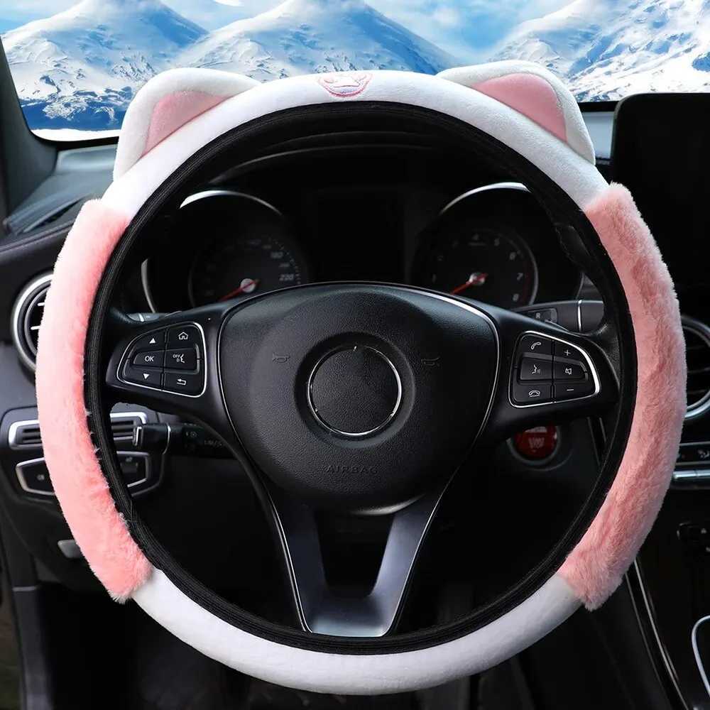 Steering Wheel Covers Cute Cartoon Plush Kitten Warm Car without Inner Ring Steering Wheel Cover Car Accessories Suitable for 14.5-15INCH VQ13