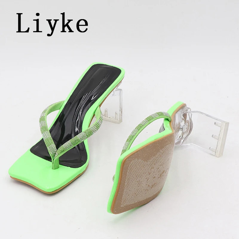 Liyke Size 36-42 Strange Style Transparent Heels Slippers Crystal Rhie Summer Sandals Sliders Shoes Women Flip ps New Pumps 240704