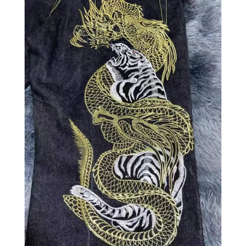 Harajuku Retro Hip Hop Dragon Pattern Jeans Black Oversized Baggy Y2k Jeans Men Women Gothic Wide Trousers Streetwear 240704CJ
