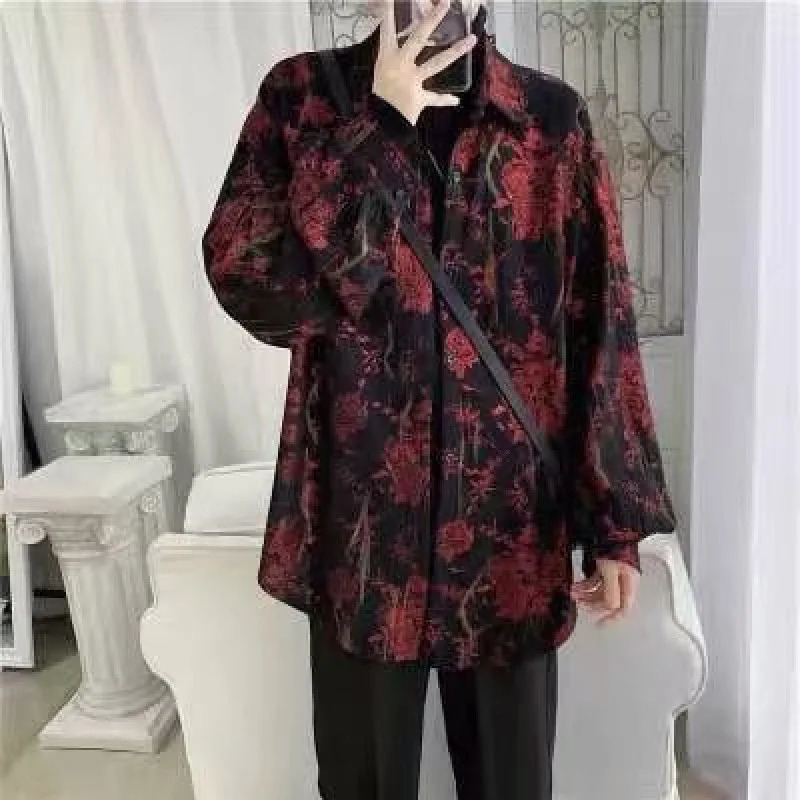 Korean Fashion Long Sleeve Men Streetwear All-match Handsome Stylish Teens Shirt Spring Retro Temperament Hawaiian Mens Shirts 240704