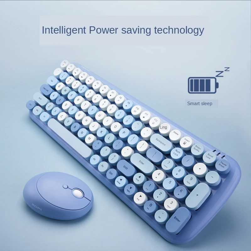 Keyboard Mouse Combos Cute Candy Color 2.4G Wireless Keyboard Mouse Combos USB Round Punk Keyboard and Optical Mouse Set kit For PC Laptop Gift Box