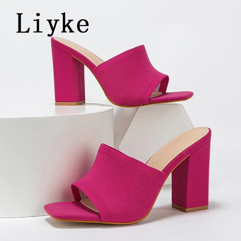 Liyke Big Size 42 Square High Heels Women Slippers Cozy Knitted Stretch Fabric Wide Band Open Toe Shoes Ladies Summer Sandals 240704