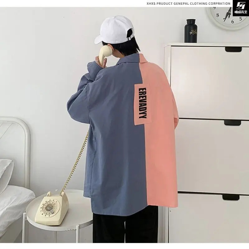 Spring and Autumn Leisure Simple Flip Collar Letter Print Panel Contrast Loose Oversized Long Sleeved Mens Shirt Coat 240704