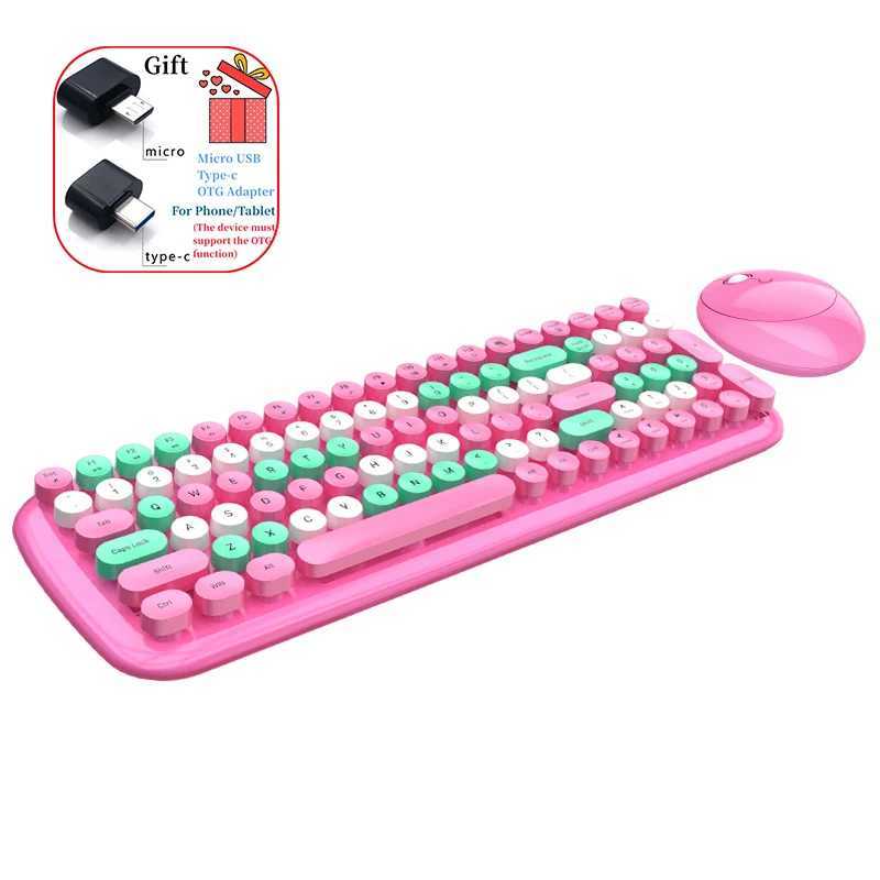 Keyboard Mouse Combos Cute Candy Color 2.4G Wireless Keyboard Mouse Combos USB Round Punk Keyboard and Optical Mouse Set kit For PC Laptop Gift Box